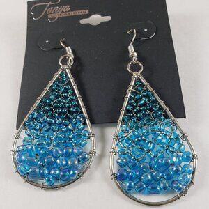Women's Silver tone Criss-Crossed Wired Hoop - Colorful Beads Teardrop Earrings